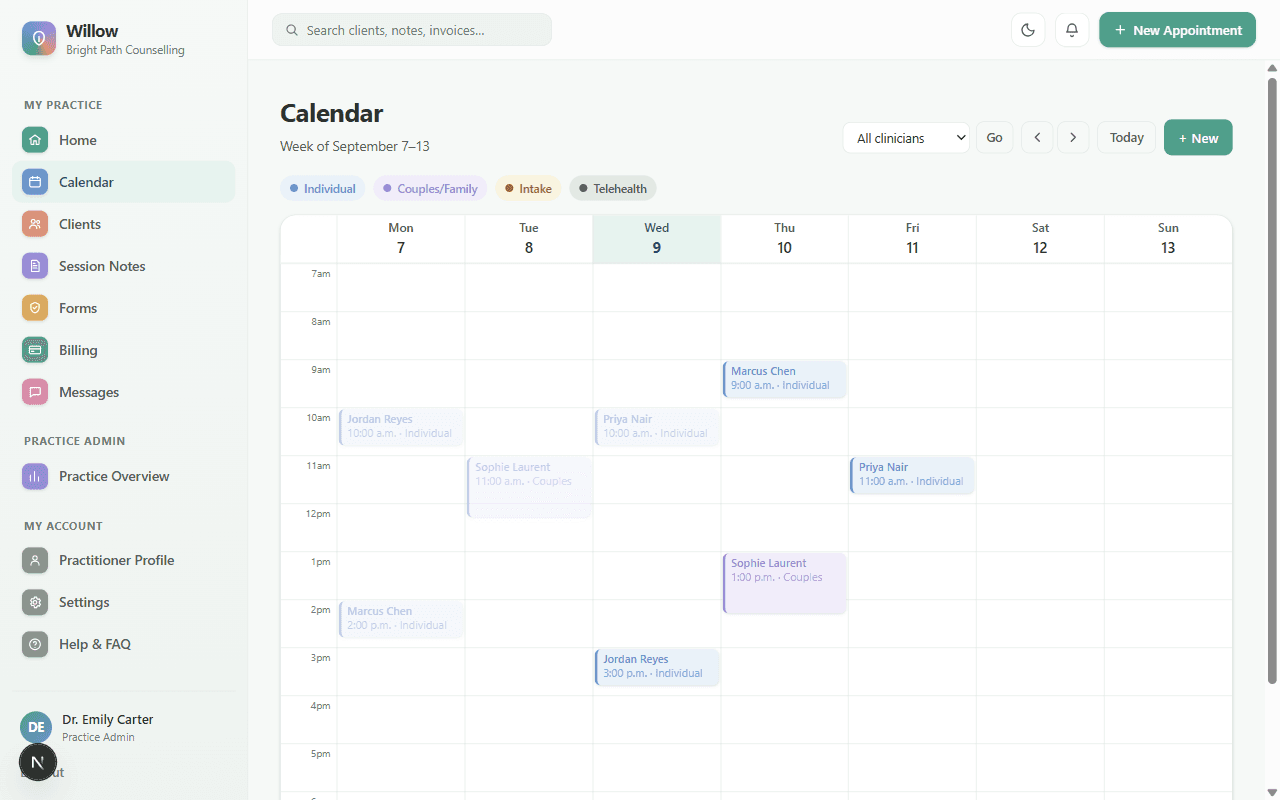 Willow's weekly calendar, showing a real practice's scheduled sessions