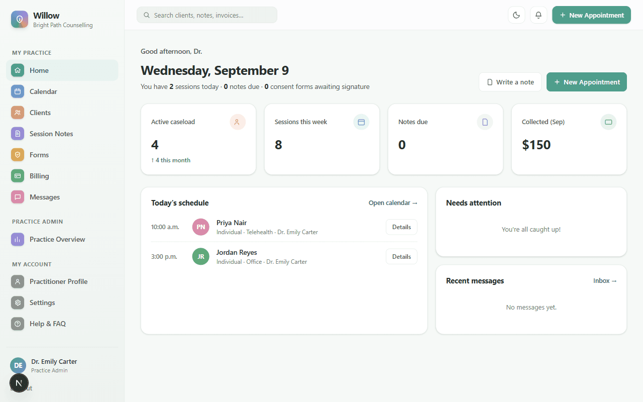 A practice's daily overview in Willow — today's sessions, caseload, and revenue