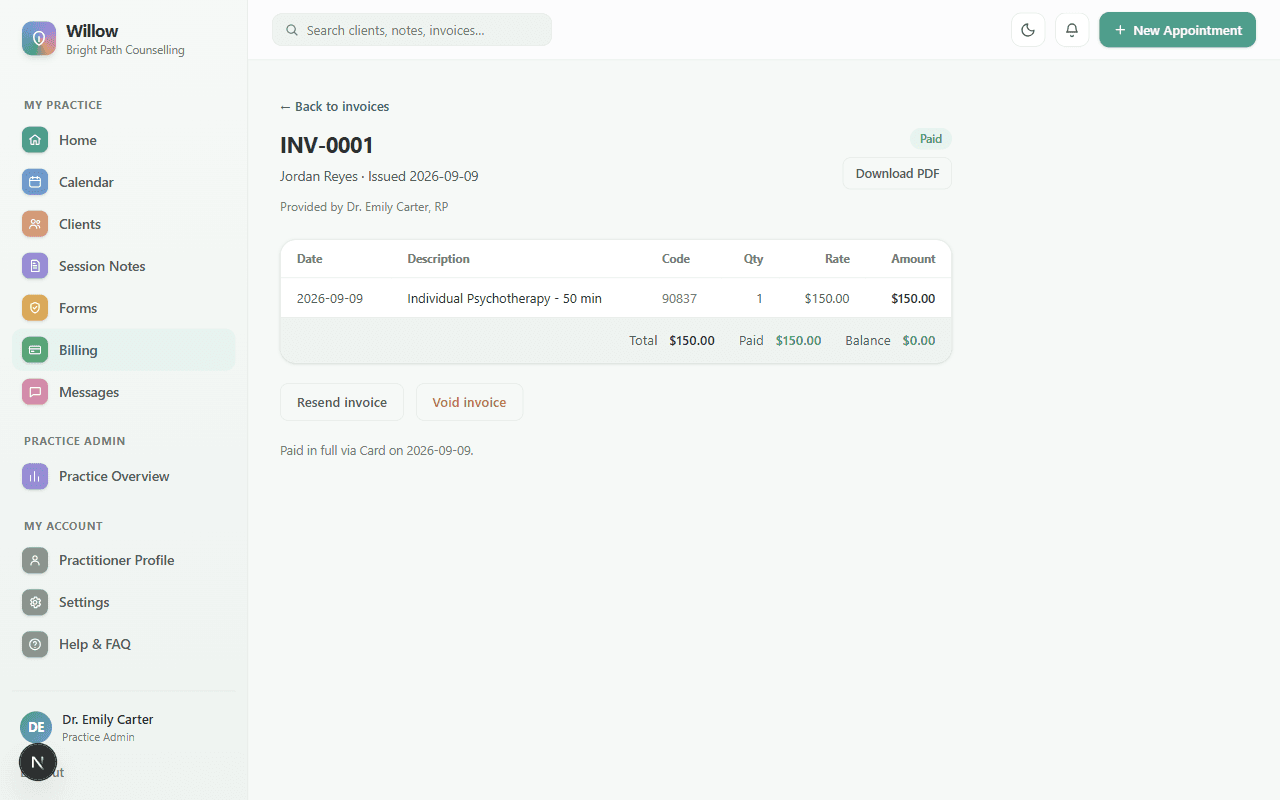 A paid Willow invoice showing the client's balance settled online