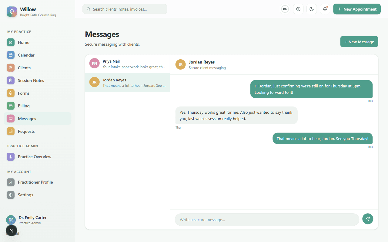 A secure conversation with a client in Willow's Messages inbox