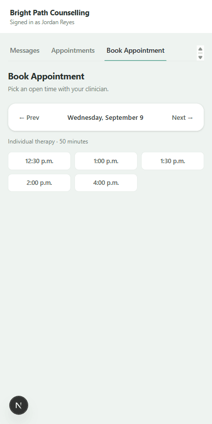 A client booking their own appointment from Willow's client portal, on their phone